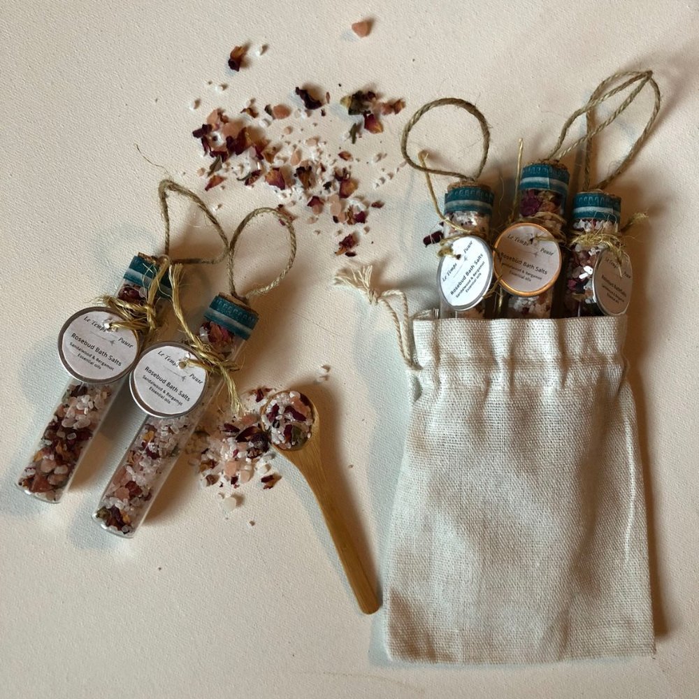 Rosebud Bath Salts In Glass Test Tubes Sandalwood and Bergamot Essential Oils